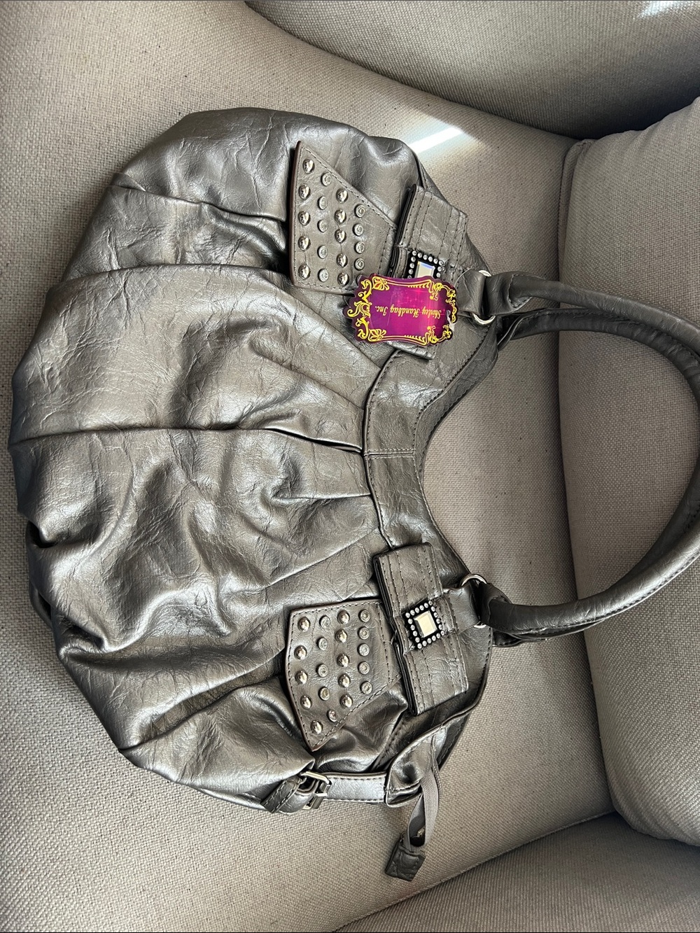Metallic Gray Studded Shoulder Hobo Bag